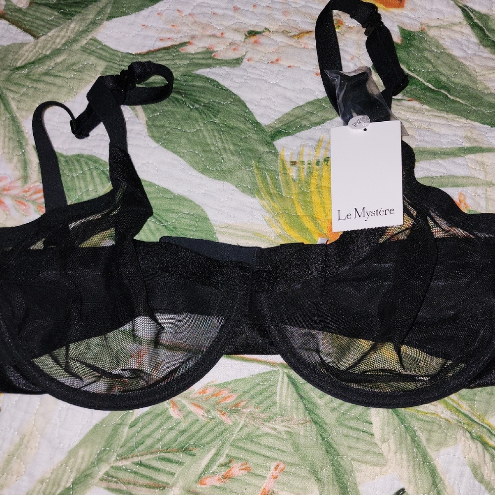 Le Mystere Black Infinite Sheer Underwire Bra Adjustable Band & Straps 36DDD/F